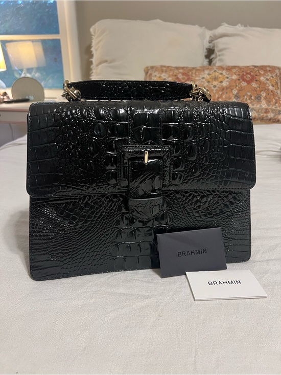Brahmin Handbags - Brahmin Hallie Melbourne Black Croc-Embossed Leather Satchel